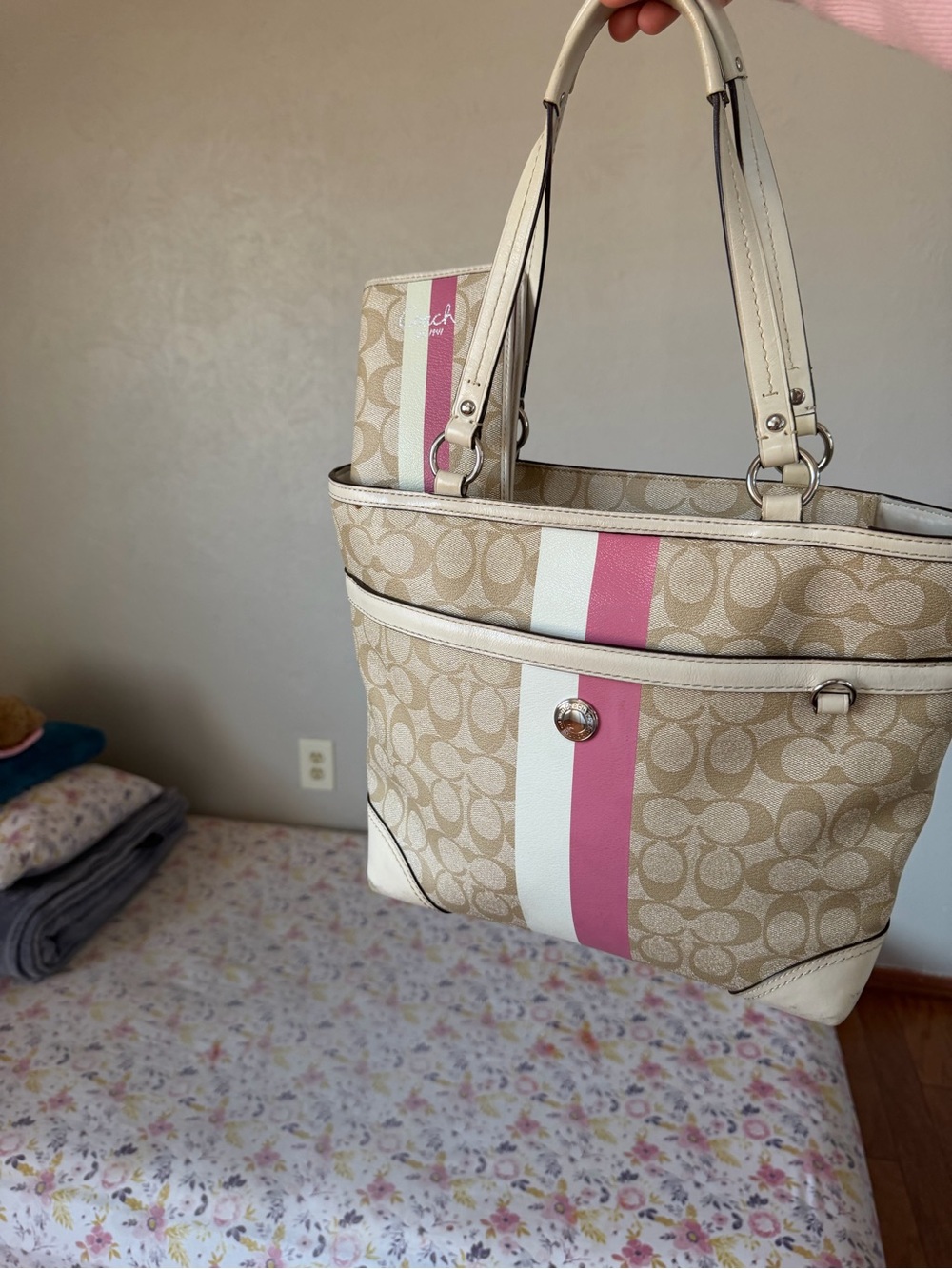 Coach Beige Signature Tote with Pink and White Stripe